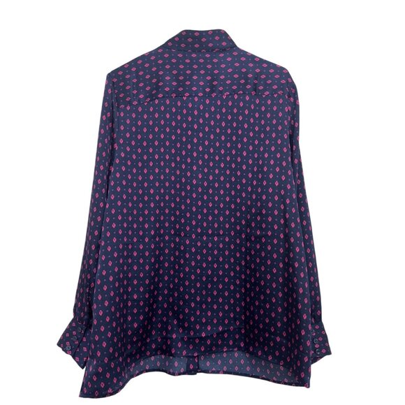 Appleseeds Womens Satin Navy & Pink Patterned Button-Down Blouse SZ 16 High Neck - Picture 7 of 13
